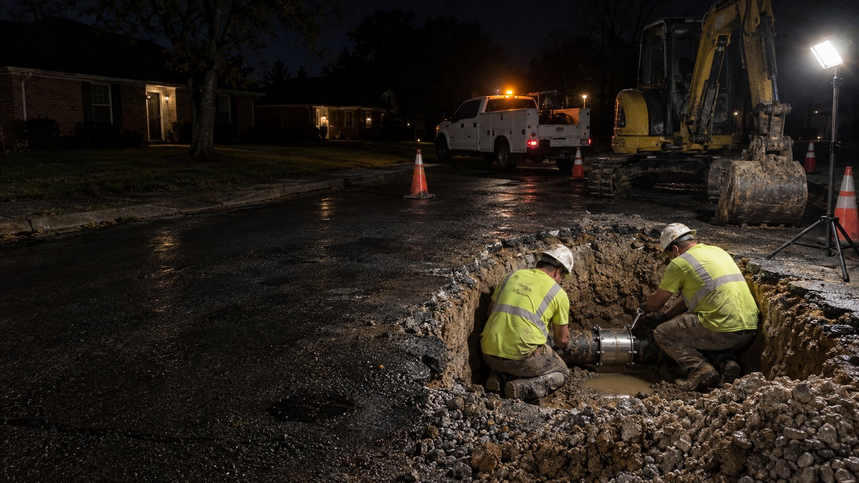 PMT Site crew repairing an emergency water main break at night on a residential street