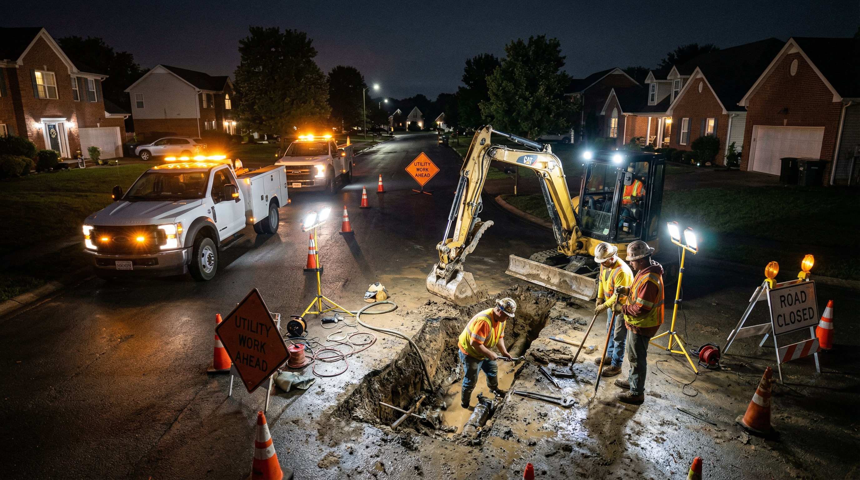 PMT Site emergency response crew mobilizing at night for water main repair, Middle Tennessee