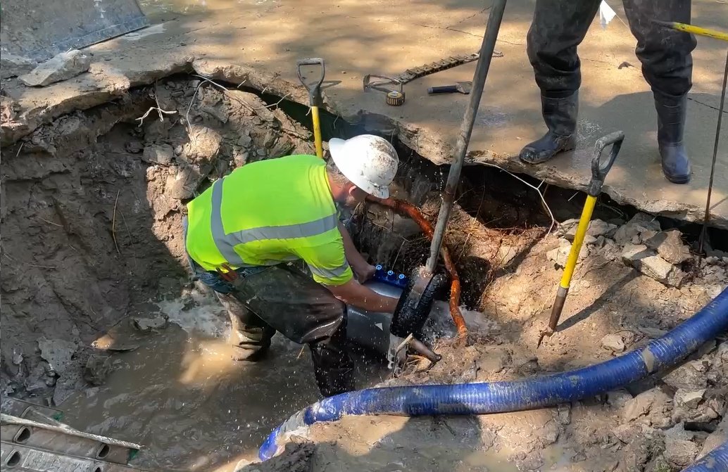 PMT Site crew responding to a water main break, isolating and repairing the line