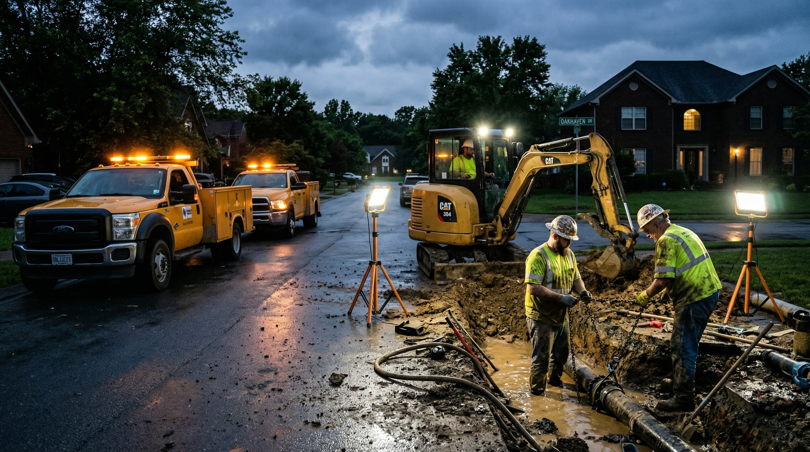 PMT Site emergency water main repair crew responding at night, Middle Tennessee