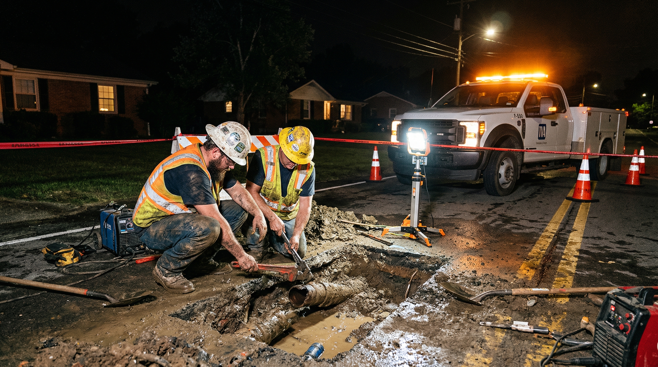 PMT Site emergency water main repair crew responding at night
