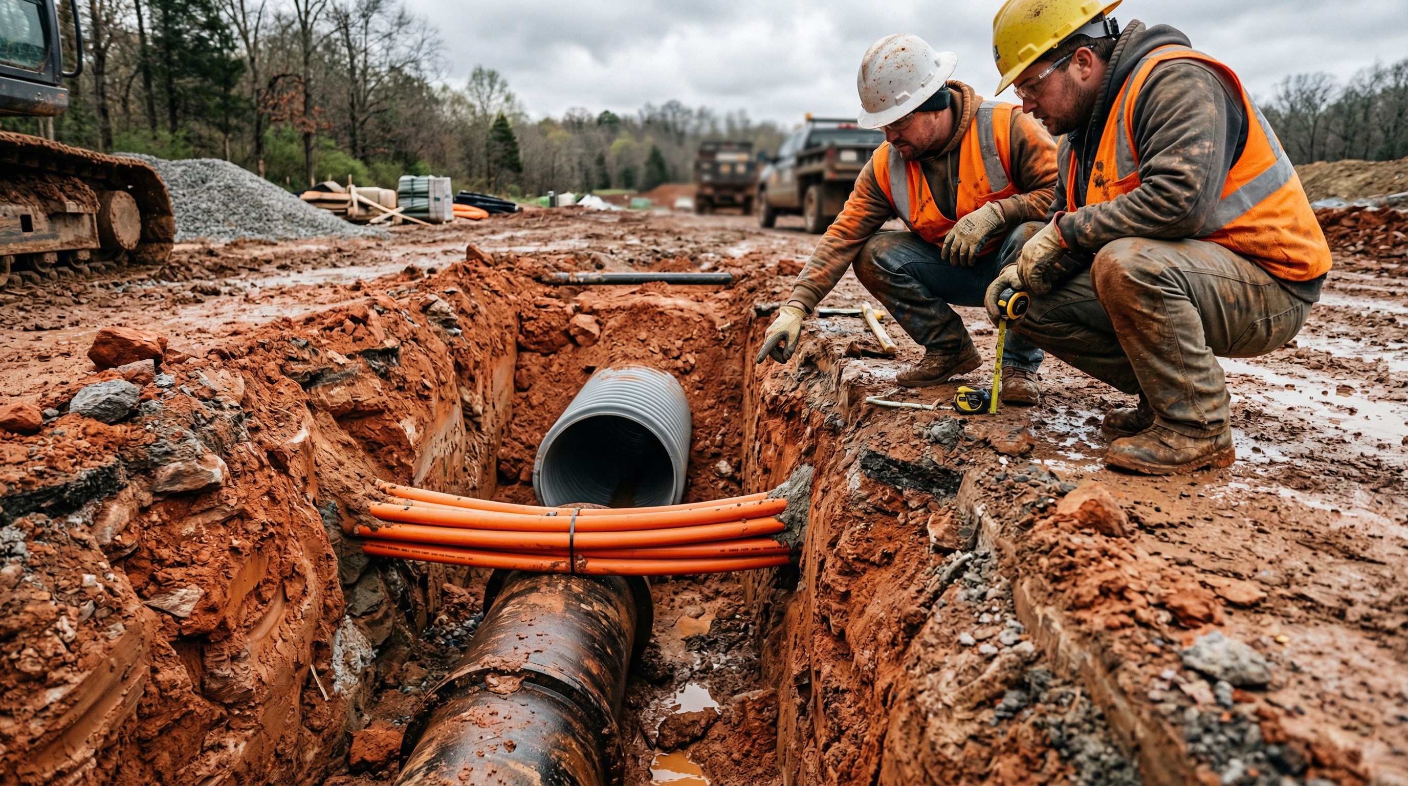 Multiple underground utility types visible in a single trench — water main, conduit, and storm drain