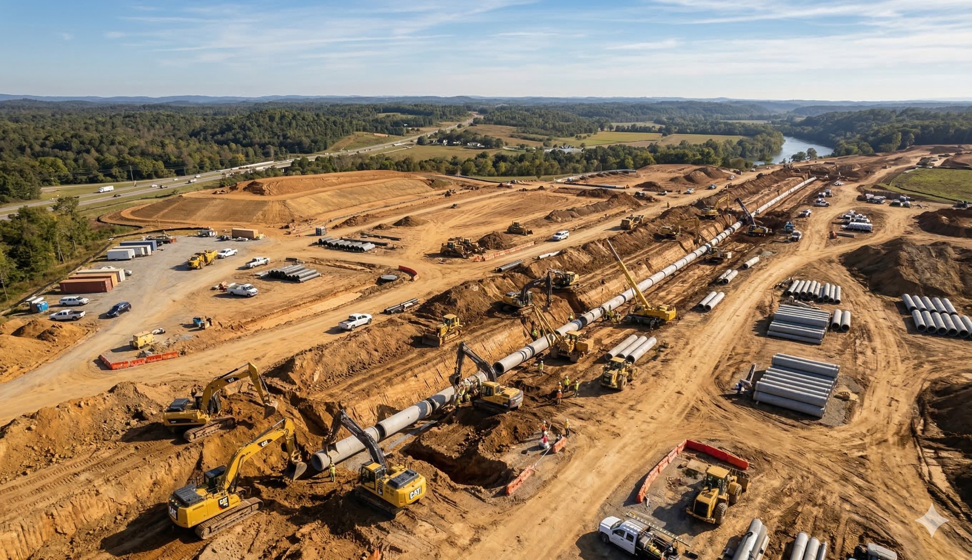 Aerial view of active civil infrastructure construction site — large-diameter pipe installation with CAT excavators