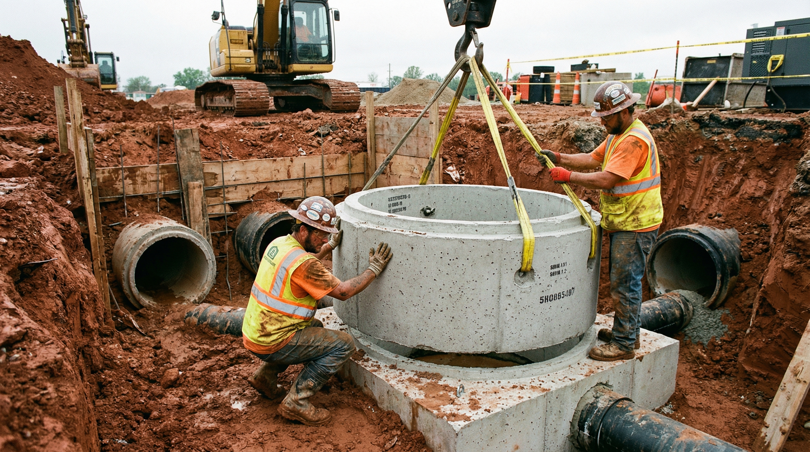 PMT Site crew installing precast concrete manhole for sanitary sewer system