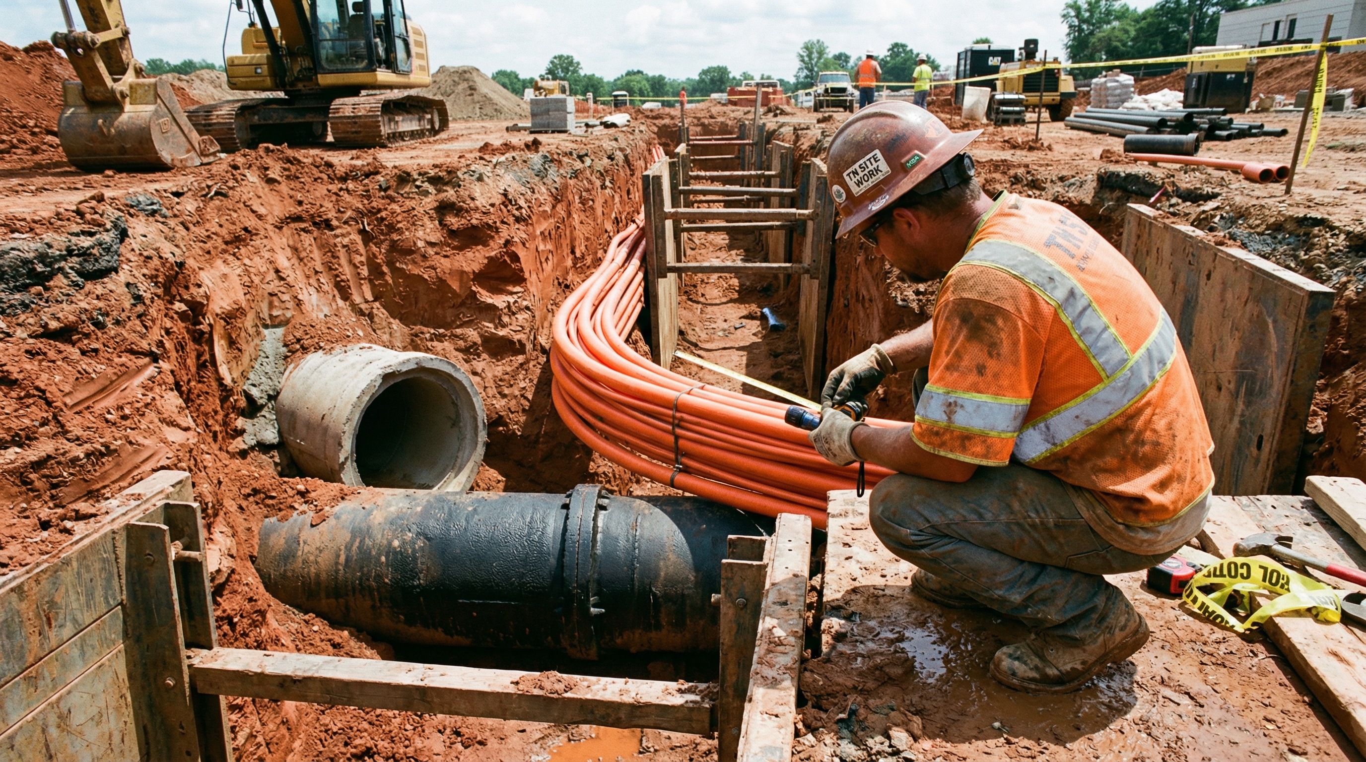 Multiple underground utilities exposed in a single trench — water main, conduit, and storm drain visible