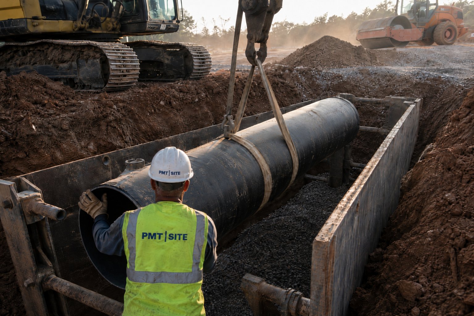 PMT Site crew installing large-diameter water main pipe in a trench, Middle Tennessee