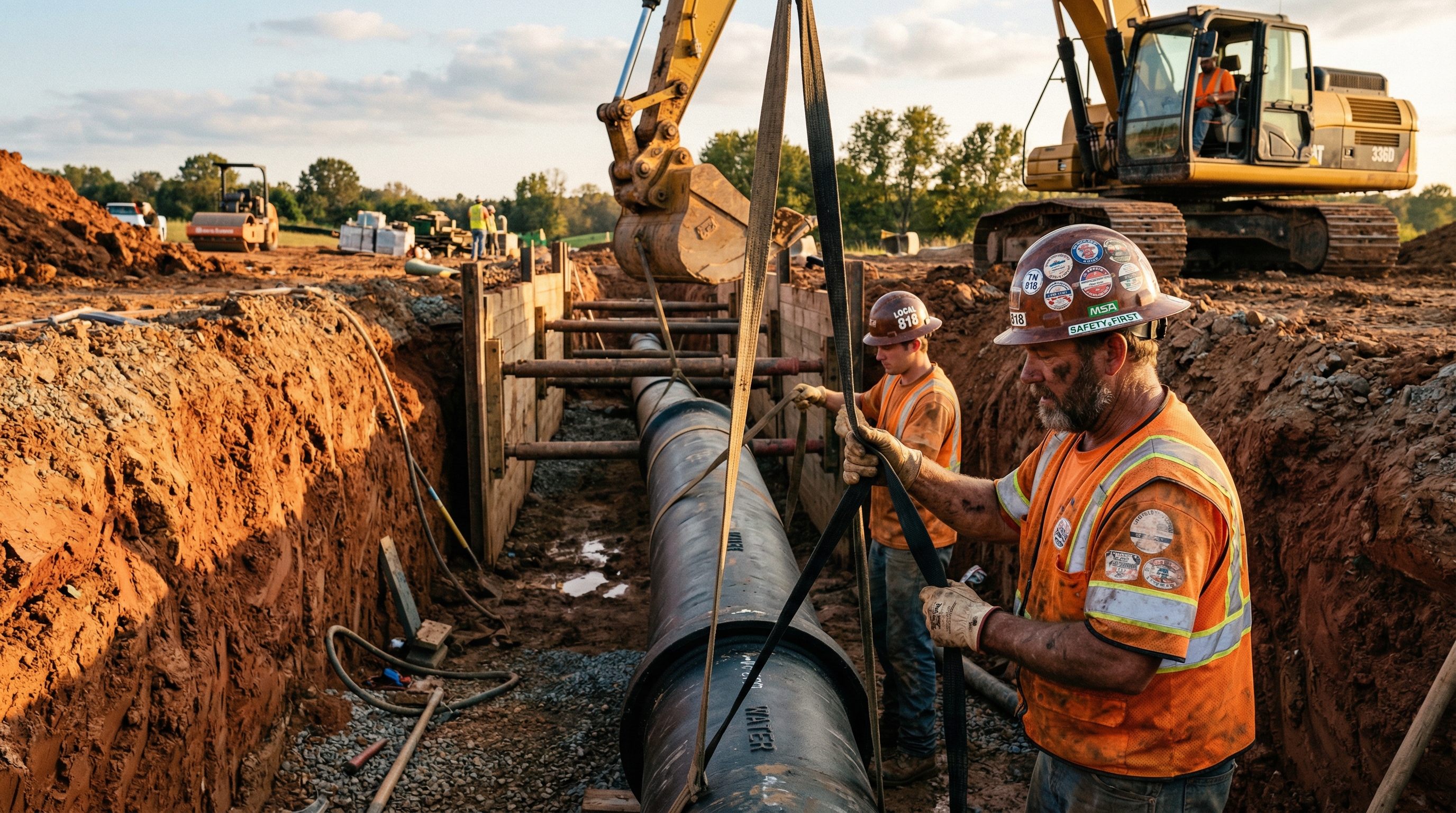 PMT Site crew installing large-diameter water main pipe in a trench, Middle Tennessee
