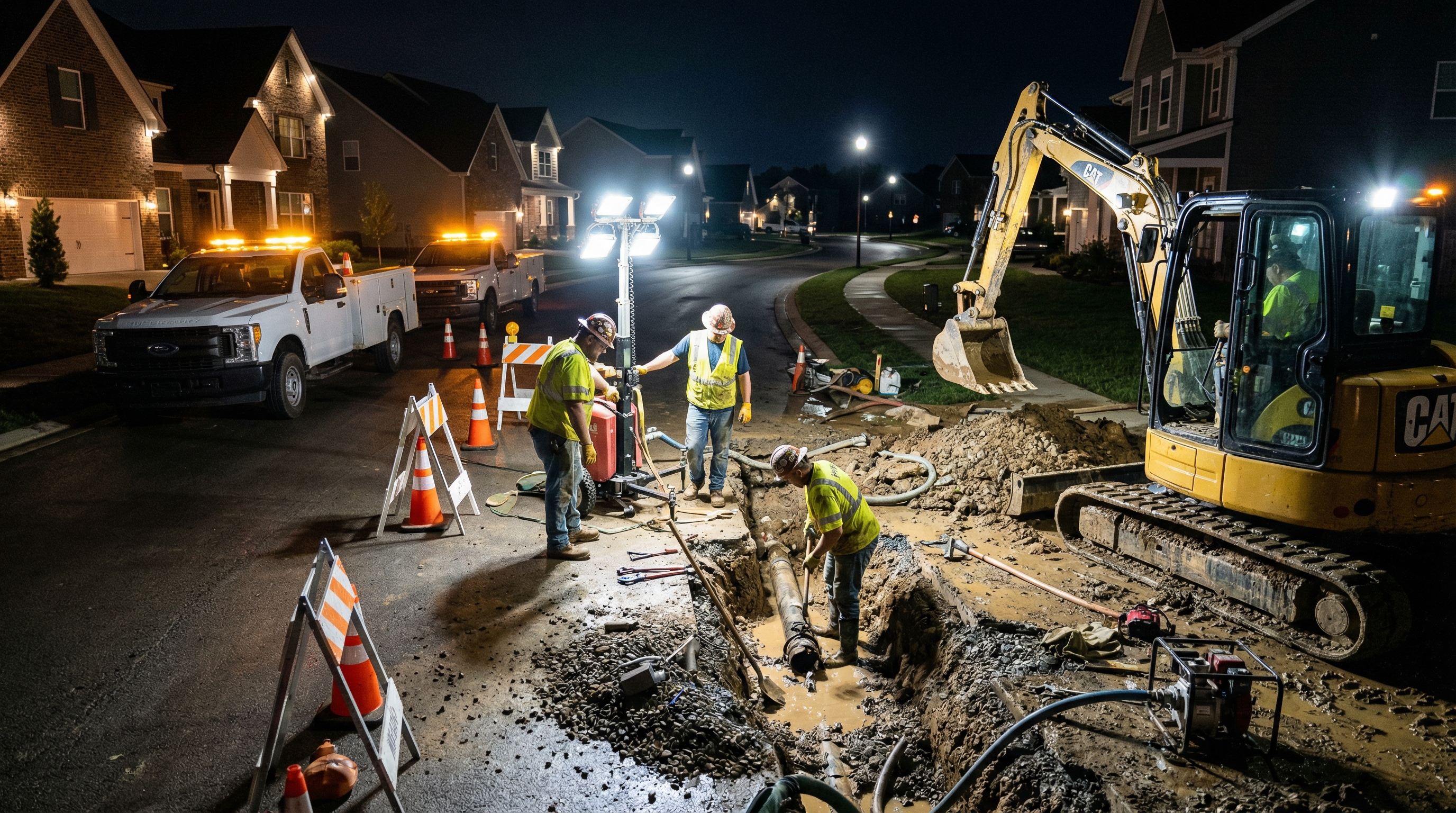 PMT Site crew repairing emergency water main break at Walton Station, Middle Tennessee