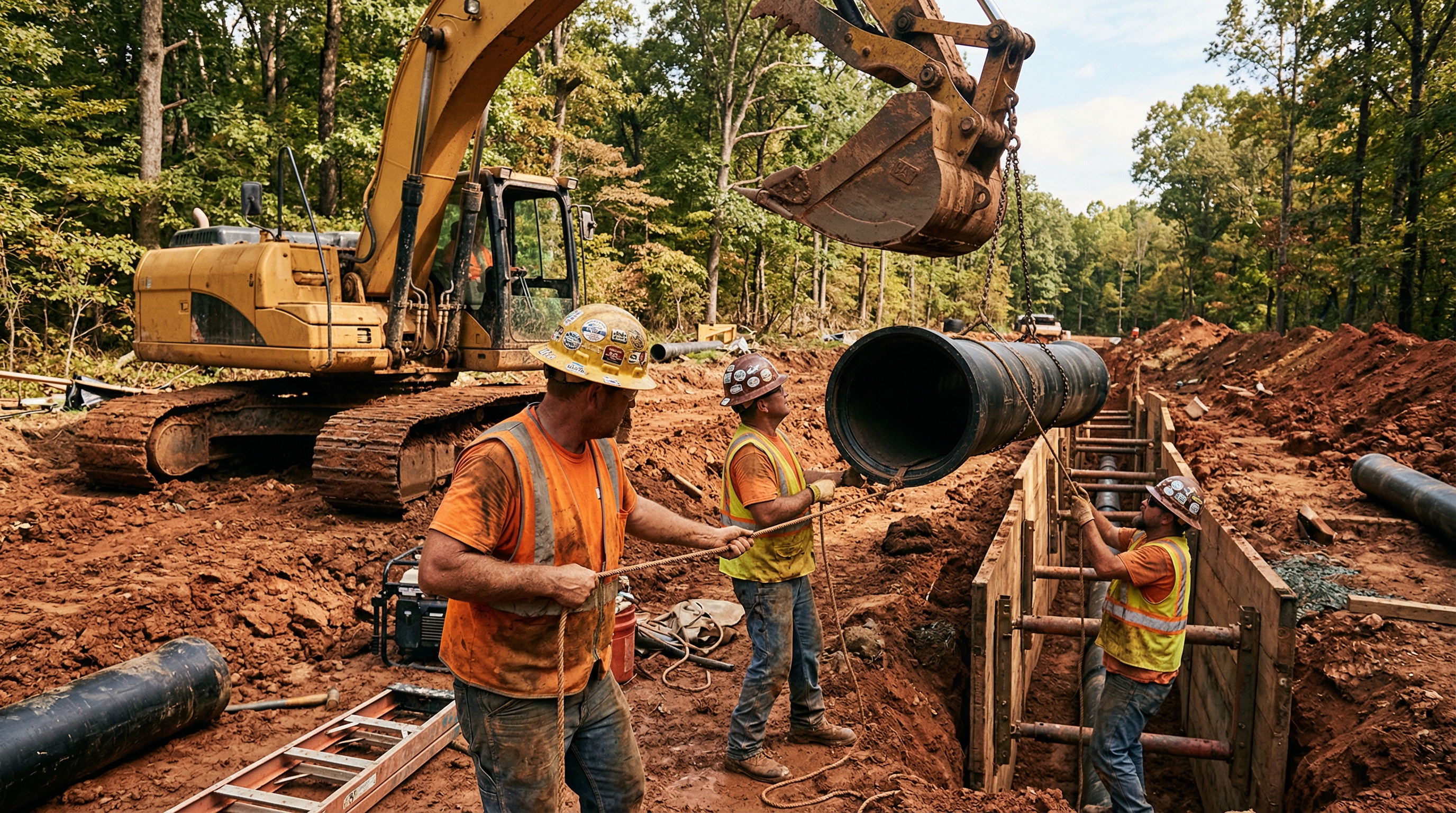 PMT Site crew installing large-diameter water main pipe in Middle Tennessee