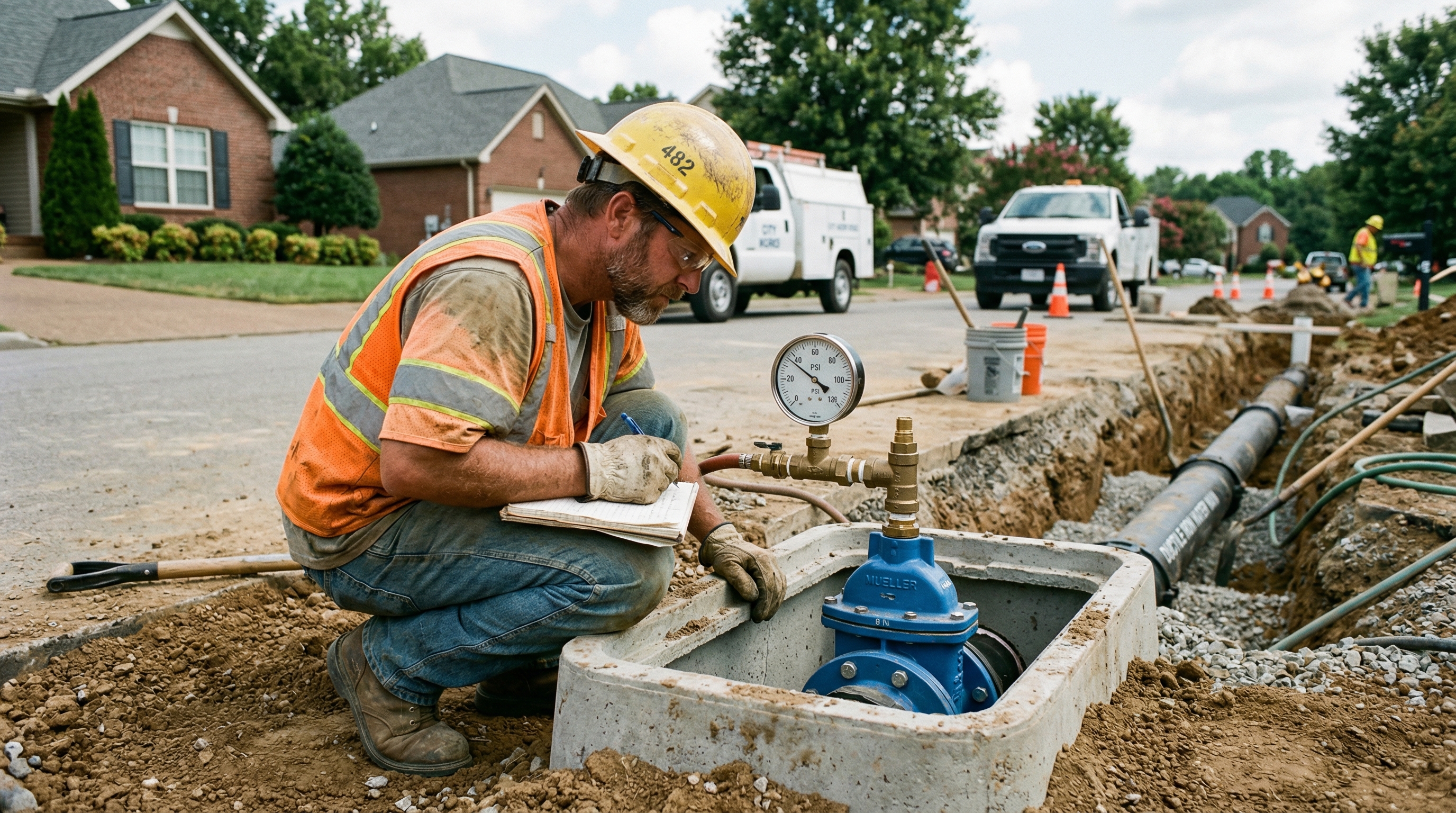 PMT Site worker performing pressure test on newly installed water main